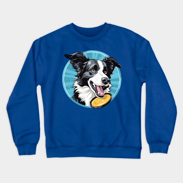 border collie playing with a yellow frisbee Crewneck Sweatshirt by javierparra